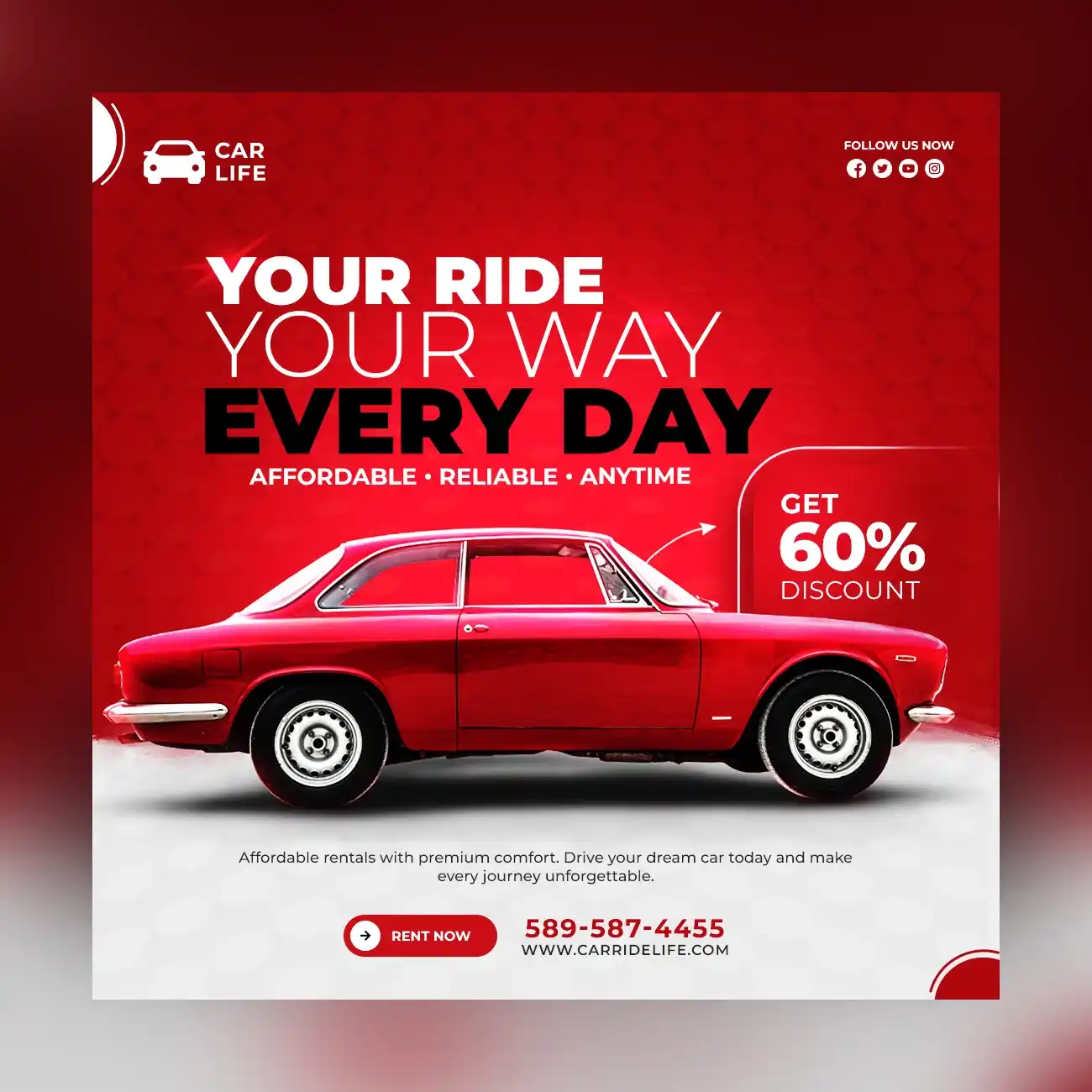 Car Rental Flyer Design, Vehicle Hire, Auto Service, Luxury Car Promotion, Discount Poster